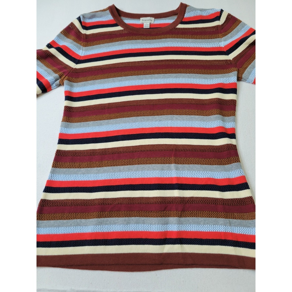 Scenario Womens Large Multi Color  Short Sleeve Knit Sweater Top L 12-14 1232
